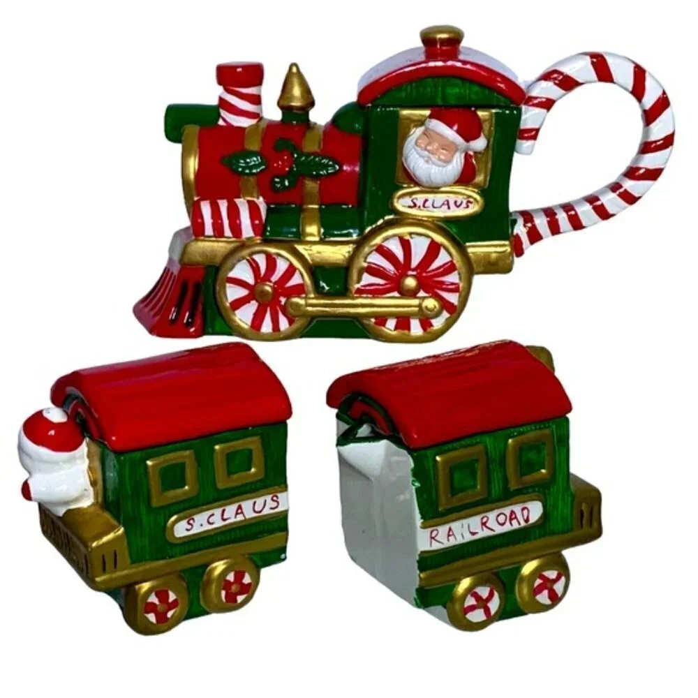 Vintage Santa Train Teapot With Nesting Creamer Sugar Bowl 3 Pieces Ceramic 1994
